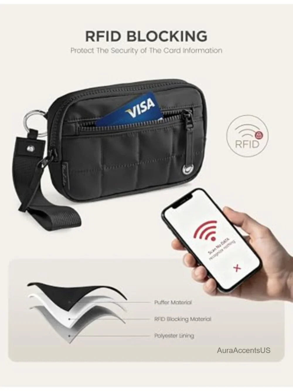 Quilted RFID Blocking Wristlet Wallet with Zipper